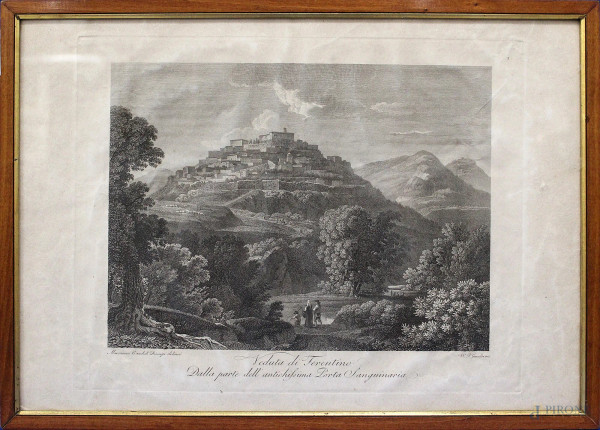 W.F. Gmelin, veduta di Ferentino, stampa 31x45 cm, entro cornice, XIX sec.