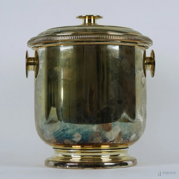 Portaghiaccio in metallo argentato, con vaschetta interna in vetro, XX secolo, cm h 20