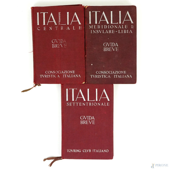 Lotto di tre guide brevi Italia Settentrionale, Centrale, Meridionale e insulare-Libia, Consociazione Turistica Italiana, 1937, 1939, 1940, (difetti)