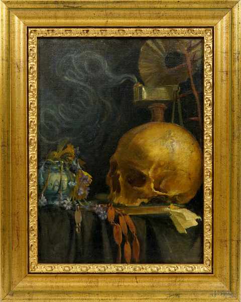 Vanitas, olio su tela, firmato e datato sul retro Teresa Cisterna 1899, cm 42x31,5, entro cornice