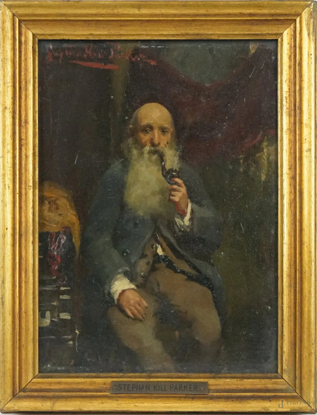 Uomo con pipa, olio su tavola, cm 22x16,  firmato in alto a sinistra, entro cornice, (lievi difetti).