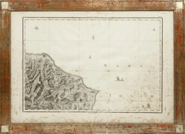 Incisione su carta raffigurante tratto di costa ionica calabrese, Napoli 1788, cm 61,5x89, entro cornice, (difetti)