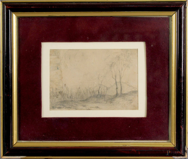 Paesaggio, matita su carta, cm. 9,5x14, firmato Rossano, entro cornice.