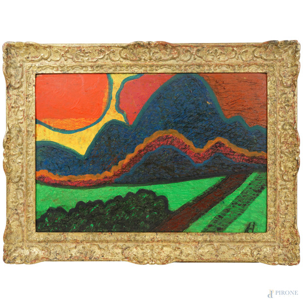 Paesaggio al crepuscolo, olio su tavola, siglato, XX secolo, cm 38,55, entro cornice