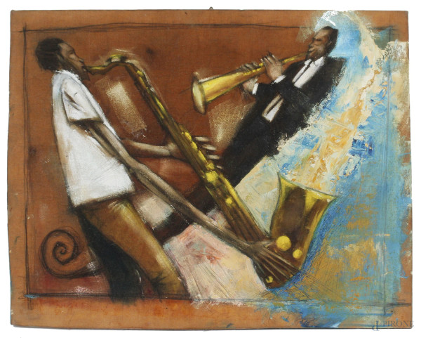Il jazz, olio su tela applicata su tavola, cm 33x42, XX secolo.