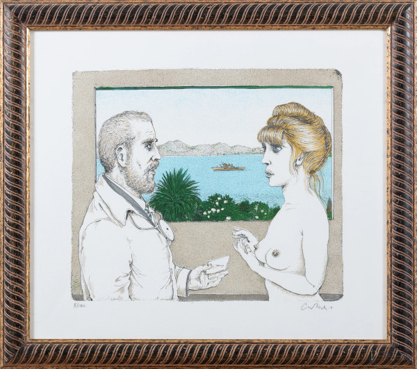 Bruno Caruso, Coppia alla finestra, litografia su carta, cm 50x60, es. 8/100, firmato in basso a destra, entro cornice