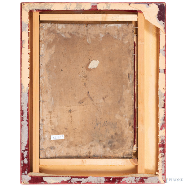 Coppia di stampe applicate su tavola dipinta, XIX-XX secolo, cm 37,5x26, (fessurazioni, craquelur...