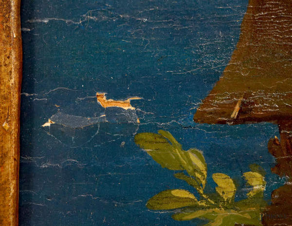 Coppia di dipinti raffiguranti due scene galanti, olio su tavola, cm 52,5x41 circa, entro cornice