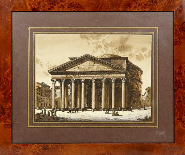 Veduta del Pantheon, XIX secolo, stampa e tecnica mista su carta, cm 30x39,5, entro cornice, (difetti)