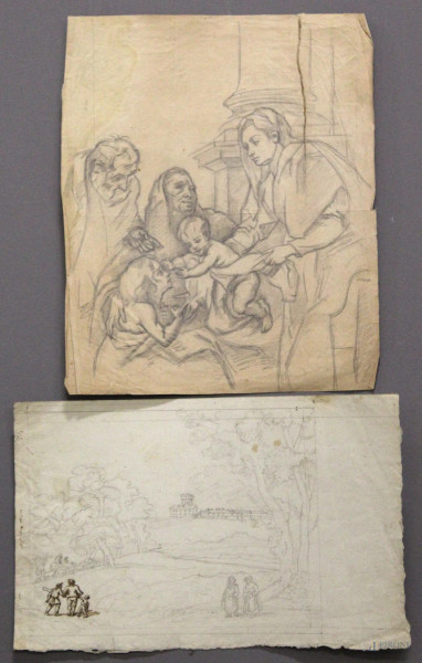 Lotto di due disegni su carta raffiguranti paesaggio e maternità 20x32 - 32x26 cm, XIX sec