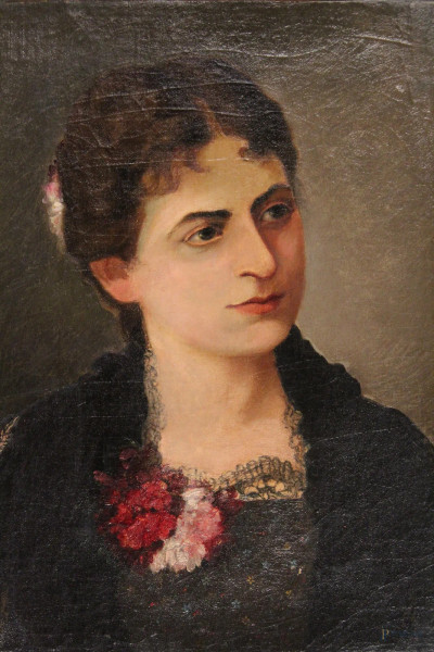 Ritratto di donna, olio su tela, cm. 47,5x36,5, XIX secolo.