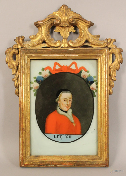 Ritratto di Papa Leone XII, dipinto sotto vetro, cm. 25x18,5, XVII secolo, entro cornice.