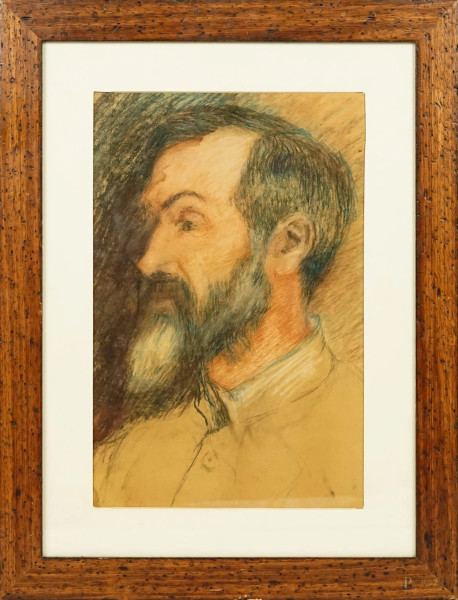 Ritratto d'uomo con barba, pastello su carta, cm 38x25, siglato, entro cornice