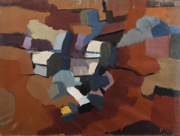 Edoardo Krumm (1916-1993), Astratto rosso, tecnica mista su tela, cm 60x80, firmato al retro