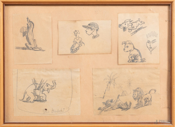 Lotto di cinque disegni entro unica cornice, XX secolo, misure complessive cm 23x33, entro cornice, (segni di usura, difetti, foxing, ondulazioni della carta, bruniture)