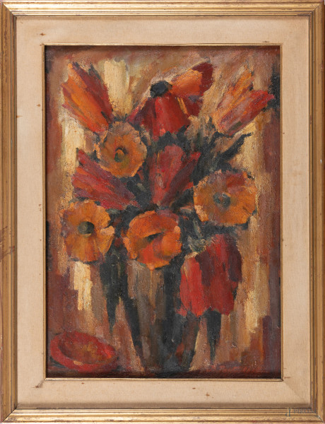 Natura morta di fiori, XX secolo, olio su cartone telato, cm 66x48, firmato in basso a destra, entro cornice, (segni di usura)