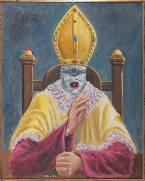 Tristan Fabris (1927-1999), Cardinale, acrilico su tela, cm 81x66, firmato e datato 74 in basso a sinistra, entro cornice, (lievi abrasioni)