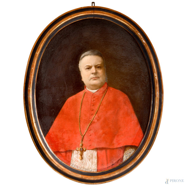 Ritratto di cardinale, olio su tela ovale applicata su tavola, cm 95x70 entro cornice, (piccoli fori della tela e cadute di colore)
