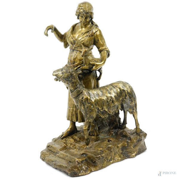 Pastorella, scultura in bronzo dorato,  cm 43x27x22,5, firmata, (difetti).