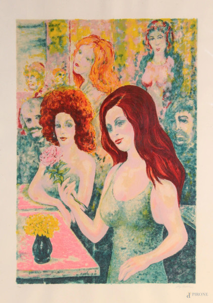Aligi sassu, Tre donne al bar, serigrafia cm 93x120, entro cornice.