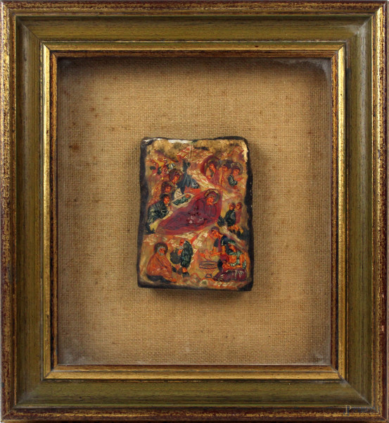 Antico dipinto ad olio su tavola raffigurante la Natività, cm h 12x9, entro cornice, (difetti).