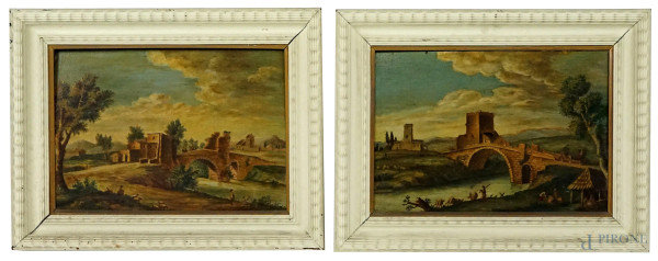 Vedute di ponti romani, coppia di dipinti ad olio su tavola, cm 28x40, firmati, entro cornici.