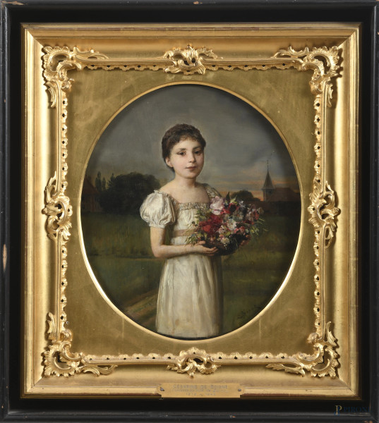 Ernst Nowak (1853-1919), Fanciulla con fiori, olio su tavola, cm 31,5x26, firmato e datato 