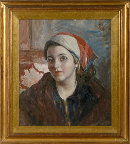 Paulo Ghiglia,(1905-1979), Ritratto di popolana, olio su masonite, firmato in alto a destra, cm 49x42 entro cornice, (difetti)