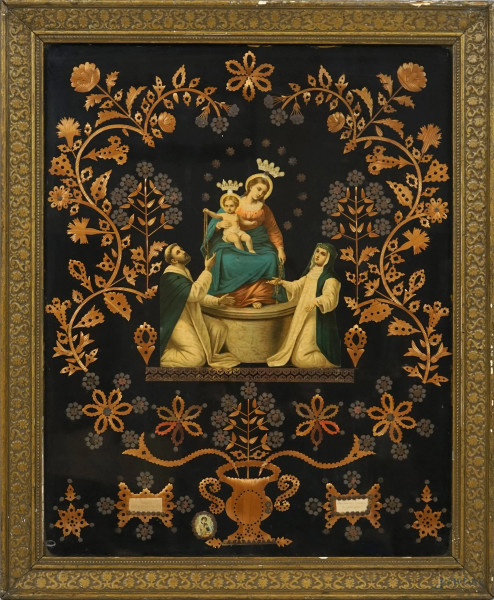 Madonna del Rosario, collage di varie applicazioni su tessuto, cm 67x54, XX secolo, entro cornice, (difetti).