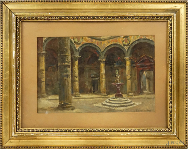 Interno di chiostro, olio su cartone, firmato in basso a destra A. Hollaender, cm 18,7x28,3, entro cornice