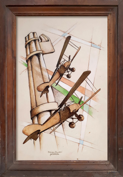 Cosimo Buccari (XX sec.) Aeropittura, tecnica mista su cartone, cm 42x27, firmato “Cosimo Buccari Futurista” in basso al centro, con cornice