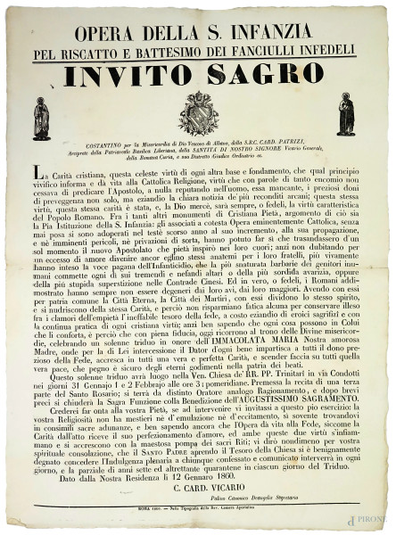 Opera della S. infanzia pel riscatto e battesimo dei fanciulli infedeli, Invito Sagro, 1860, cm 60x45