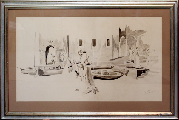 Cesare Laruffa, Bozzetto raffigurante frati, acquarello su carta, cm 71 x 41, entro cornice.