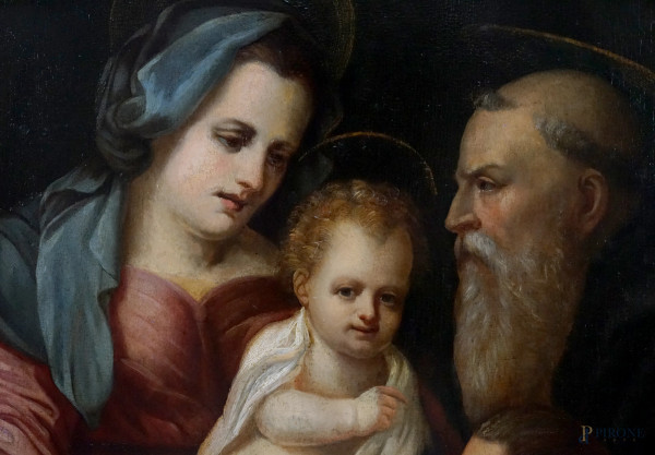 Pittore toscano del XVI secolo, Madonna con il Bambino, Santo e donatore, olio su tavola, cm 116,...