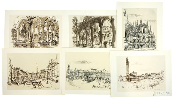 "Chiese e Piazze d'Italia di Motta", sei tavole raffiguranti scorci di piazze e monumenti di citt...