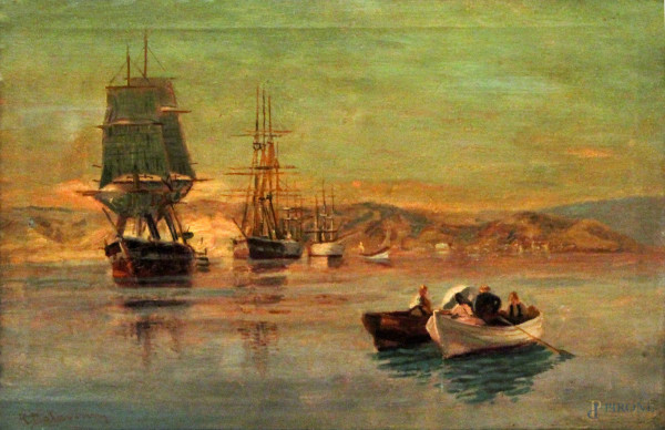 Golfo di Atene con barche e figure, olio su tela, 50x33 cm, scuola inglese 1906, entro cornice firmato