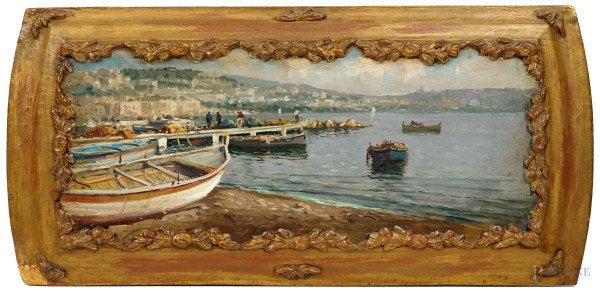 Veduta costiera con pescatori, olio su tavoletta, XX secolo, ingombro totale con cornice cm 27x57.