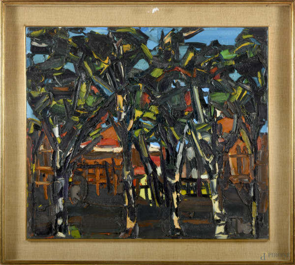 Carlo Caroli, Composizione, olio su tela, cm 68x77 entro cornice, firmato in alto a sinistra