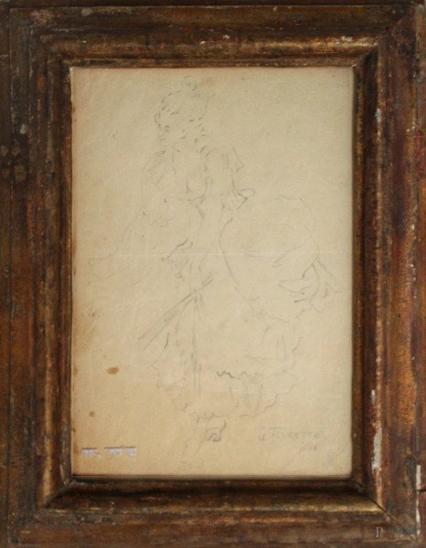 Ritratto di fanciulla, bozzetto a matita su carta, firmato e datato, cm 24 x 17, entro cornice.