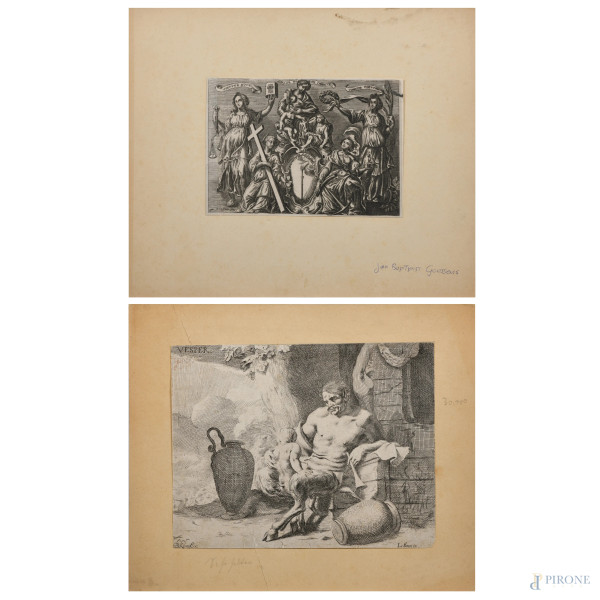Lotto di due incisioni applicate su cartoncino raffiguranti Satiro e raffigurazione allegorica delle virtù, misure massime cm 25x30,  (segni di usura, tracce di umidità, gore, foxing, lacerazioni della carta, tracce di piegatura)