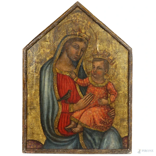 Alla maniera di Jacopo di Michele (notizie 1368-1395), Madonna con il Bambino, olio su tela applicata su tavola, cm 70x50