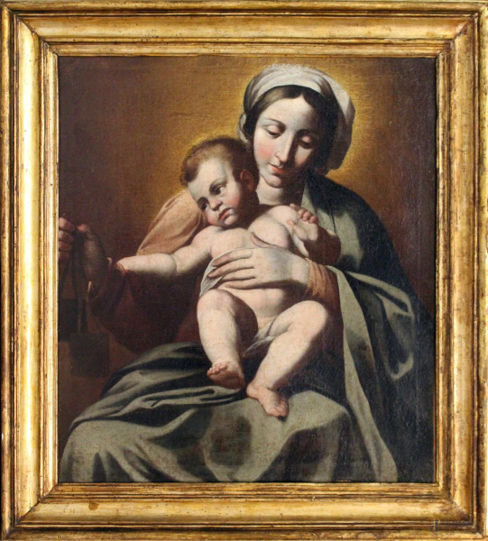 Madonna con bambino, olio su tela 66x76 cm, XVIII sec, entro cornice.