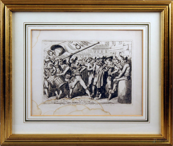 Incisione raffigurante Meo Patacca, cm. 27x34, firmato Pinelli Antonio, entro cornice.