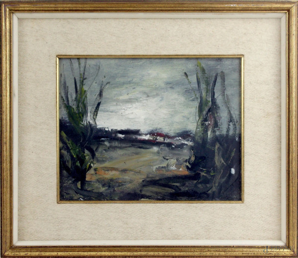 Paesaggio, olio su tela, cm 18,5x24, XX secolo, entro cornice
