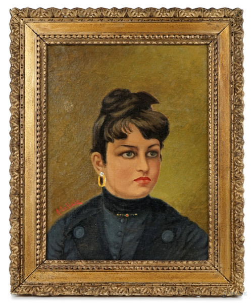 Ritratto di donna, olio su tela, cm 40x30, firmato, entro cornice.