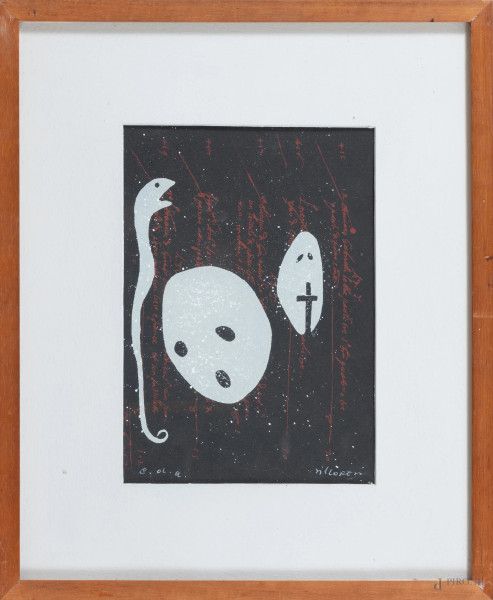 Franco Villoresi - Maschere con serpente, litografia su carta es. C.d.A., cm 38x31 compreso passepartout, firmato in basso a destra, entro cornice, (segni di usura, abrasioni)