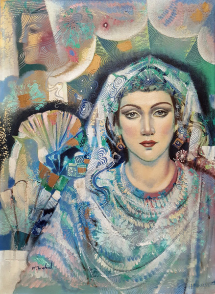 Wahid Magharbeh - Composizione con figura femminile, tecnica mista su tela, cm 50x70, firmato