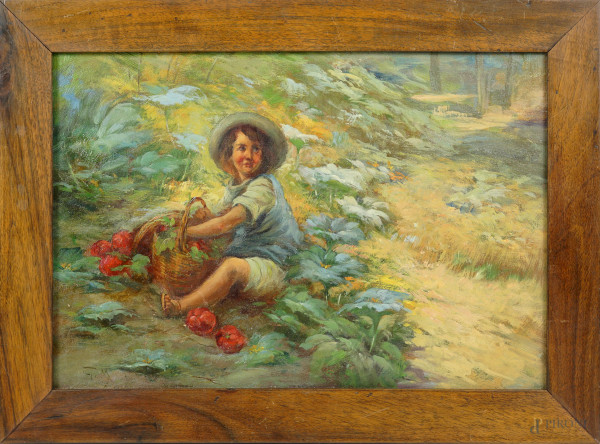 Venditore di peperoni a Panfei, olio su cartone, siglato in basso a sinistra, cm 26x37,5, entro cornice