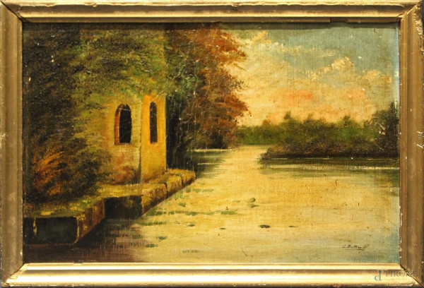 Paesaggio fluviale, olio su tela riportato su cartone 45x29 cm, firmato entro cornice.