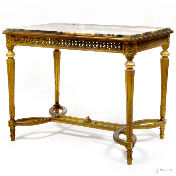 Salotto stile Impero in legno dorato e tappezzeria avorio e a motivi floreali, XIX secolo, (difet...
